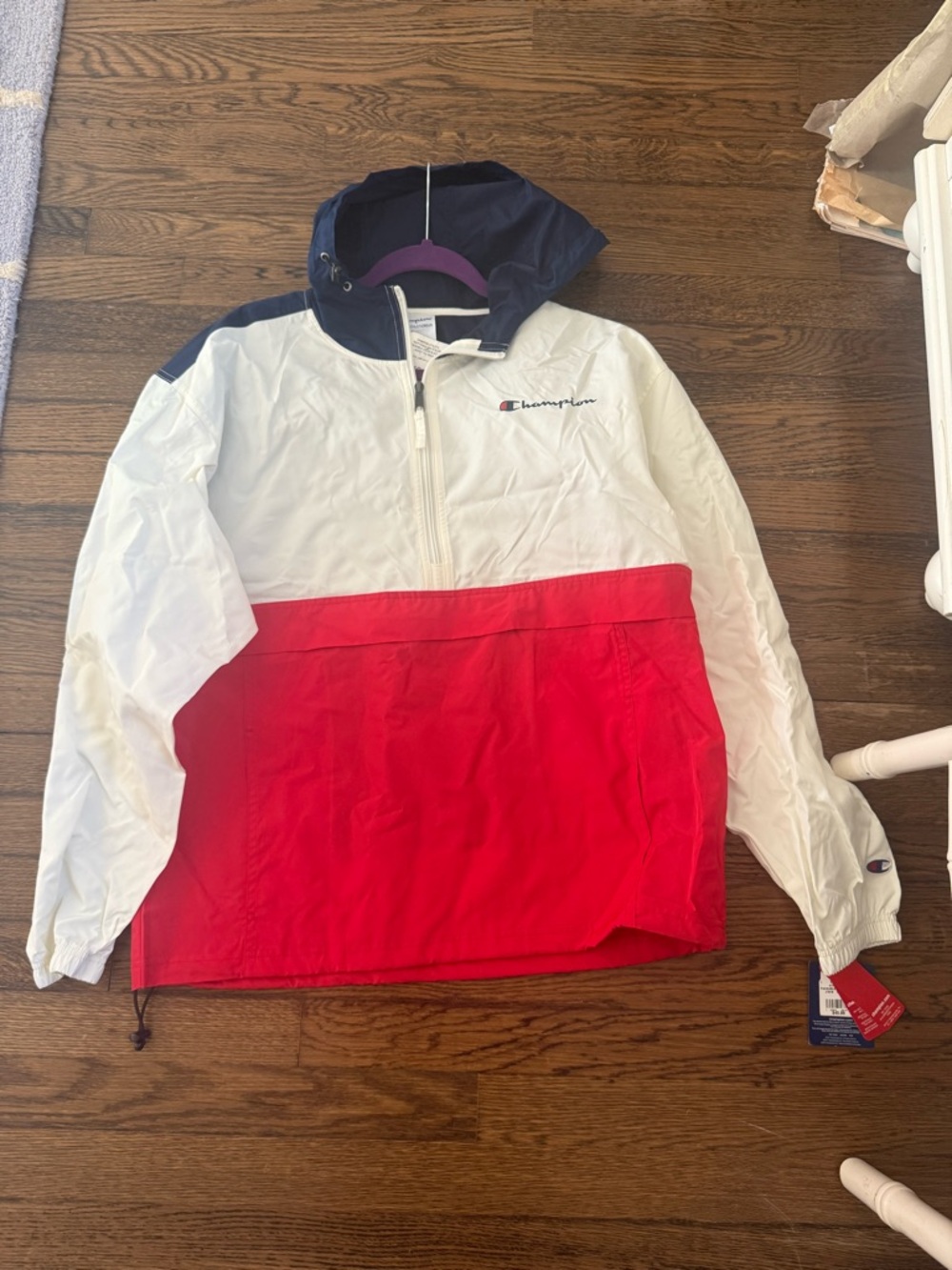 Champion White and Red Colorblock Pullover Rain Jacket